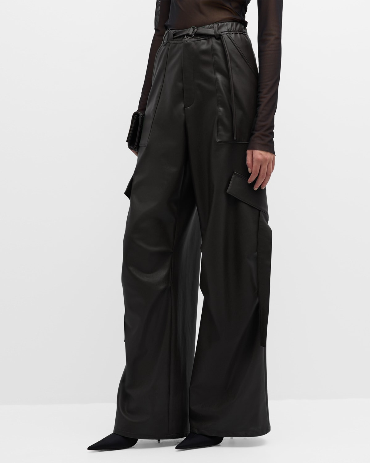 Faux Leather Belted Wide-Leg Utility Pants