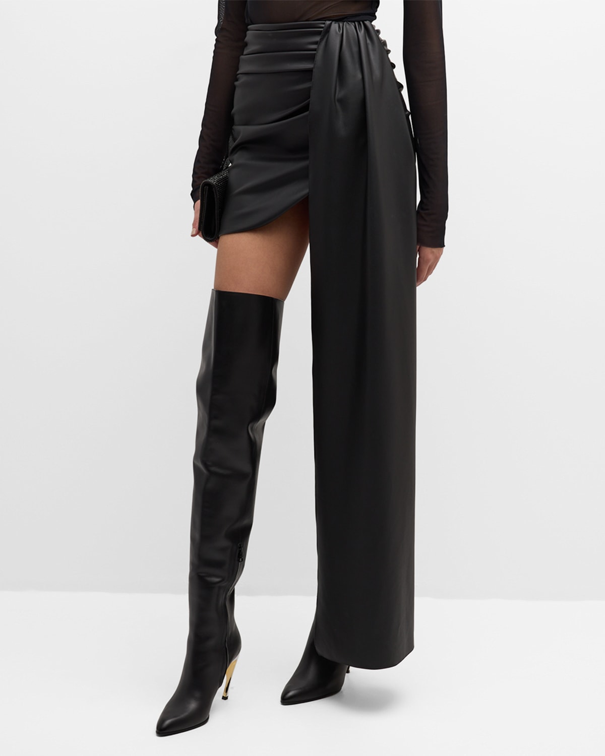 Lapointe Stretch Faux Leather Drape Mini Skirt In Black