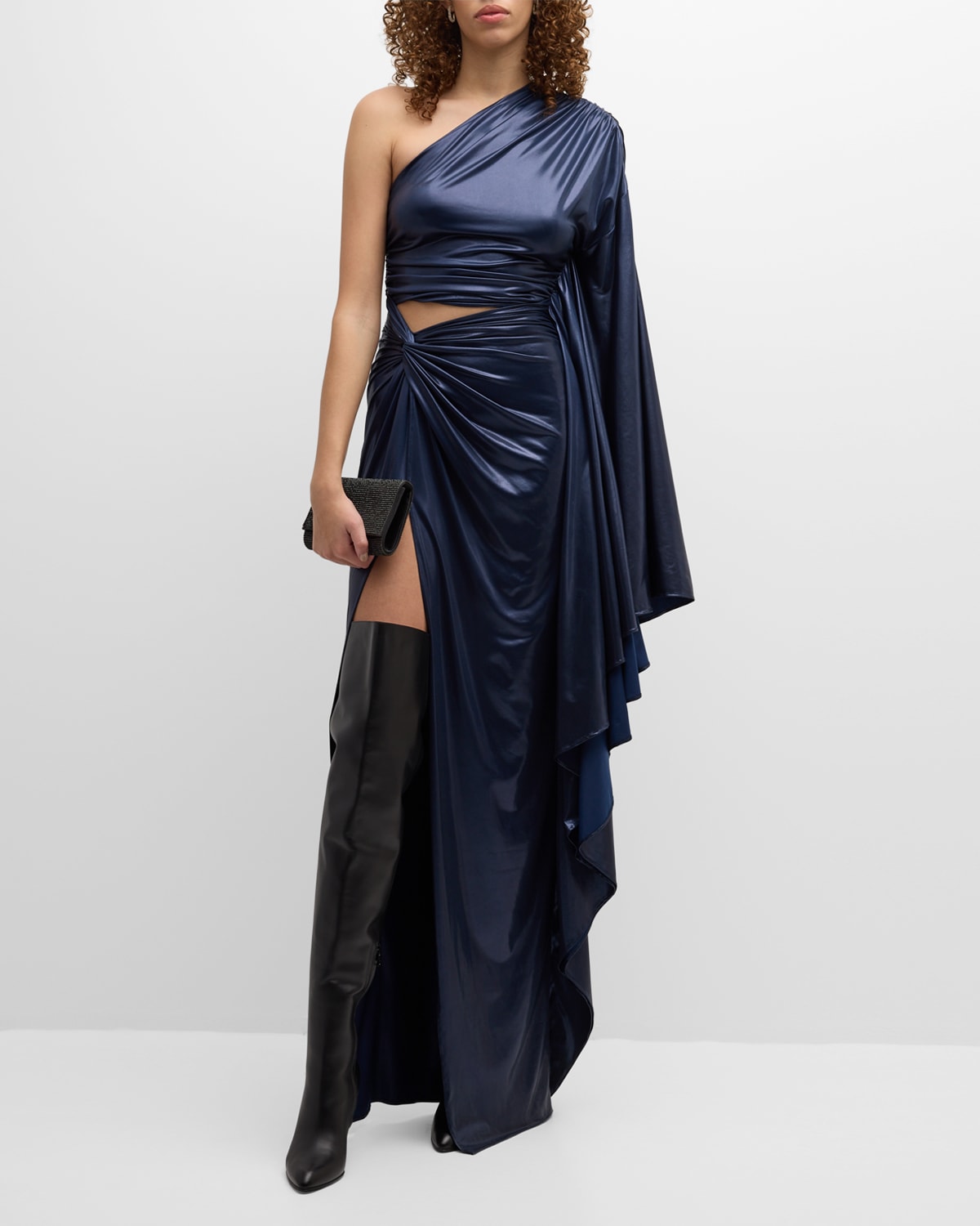 Lapointe Coated Jersey One-shoulder Ruched Slit Gown In Ink