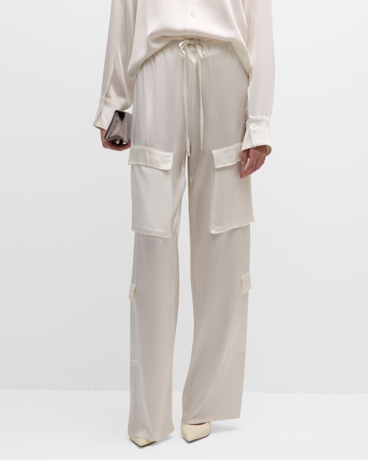 Lapointe Doubleface Satin Straight-leg Pull-on Cargo Trousers In White