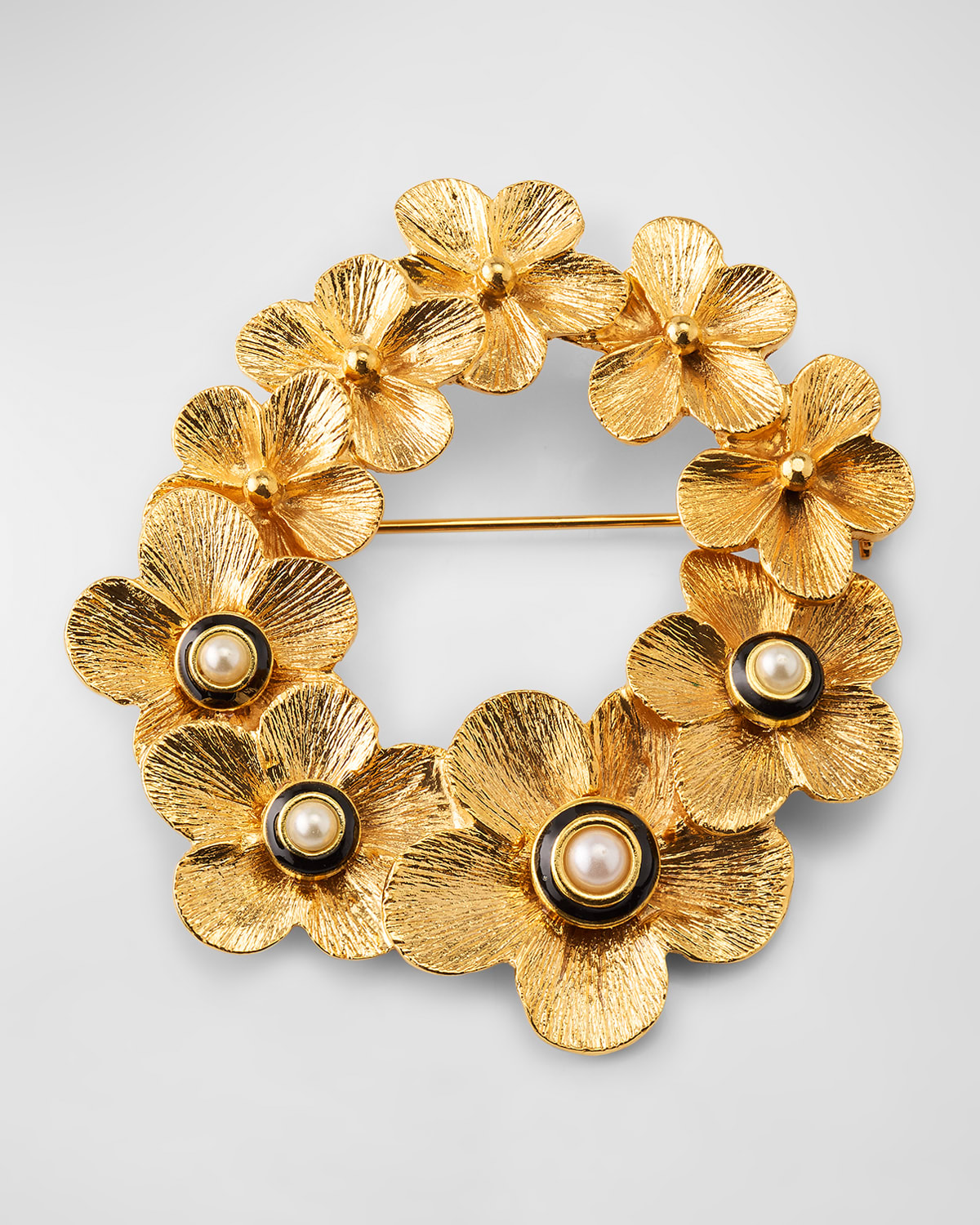 Kenneth Jay Lane Graduated Flowers Pin With Black And Pearly Cabochons In Multi