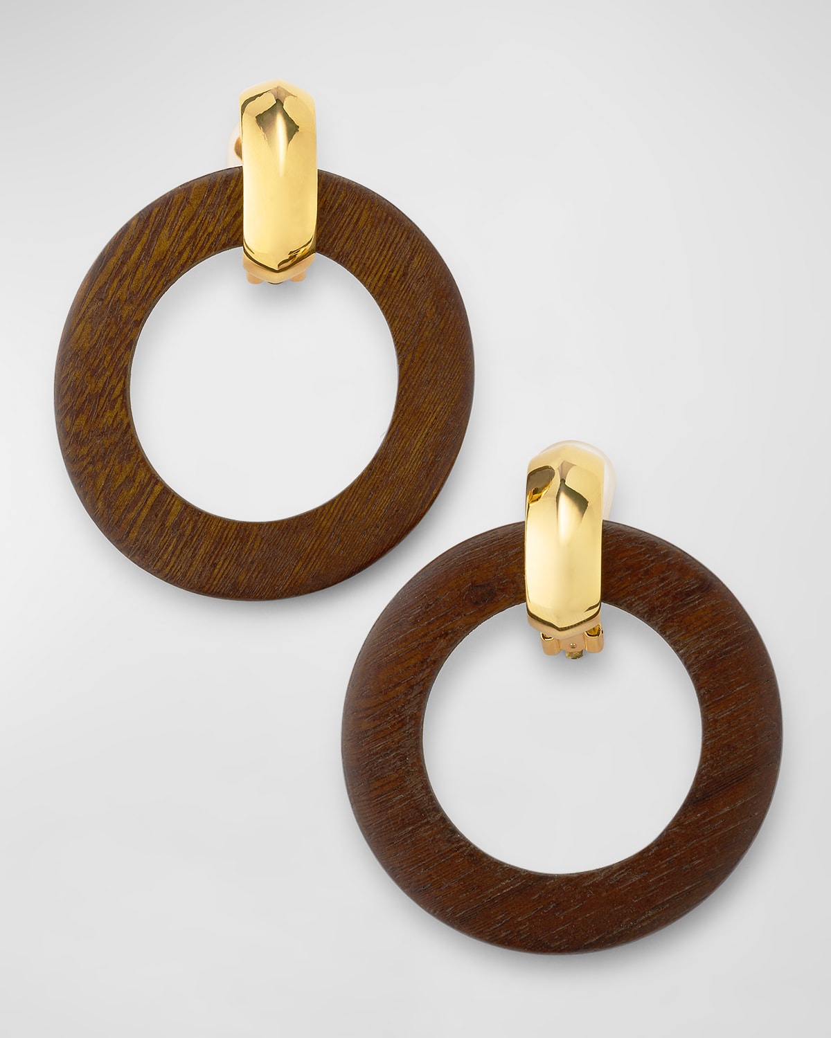 Kenneth Jay Lane Wood Ring Doorknocker Clip Earrings With Polished Top In Brown