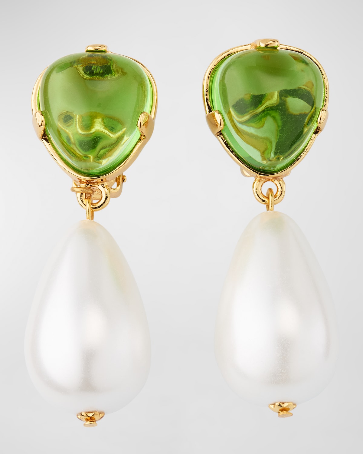 Kenneth Jay Lane Peridot Top And Pearly Drop Clip On Earrings In Gold