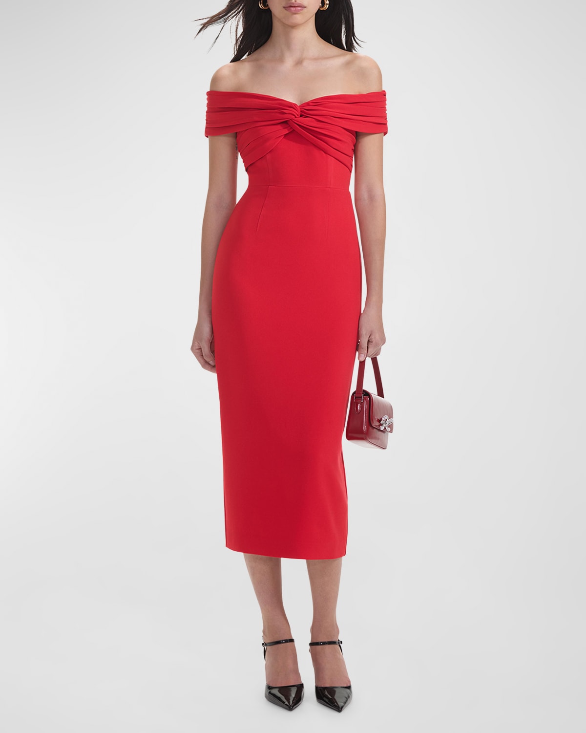 Shop Self-portrait Off-shoulder Ruched Sheath Midi Dress In Red