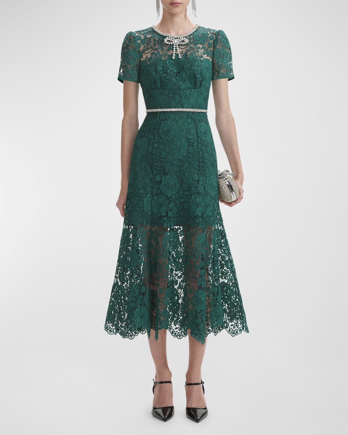 Shop Self-portrait Lace Diamante Belted Short-sleeve Midi Dress In Green
