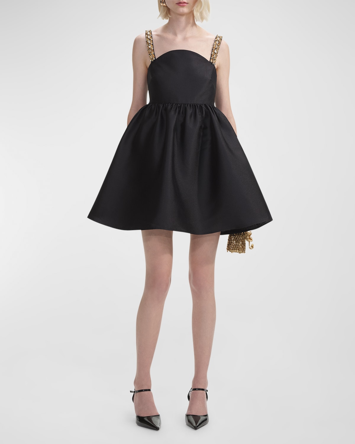 Shop Self-portrait Taffeta Babydoll Mini Dress In Black