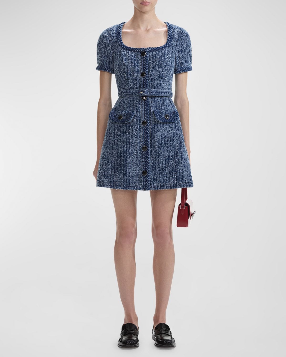 Shop Self-portrait Textured Denim Belted A-line Mini Dress In Blue
