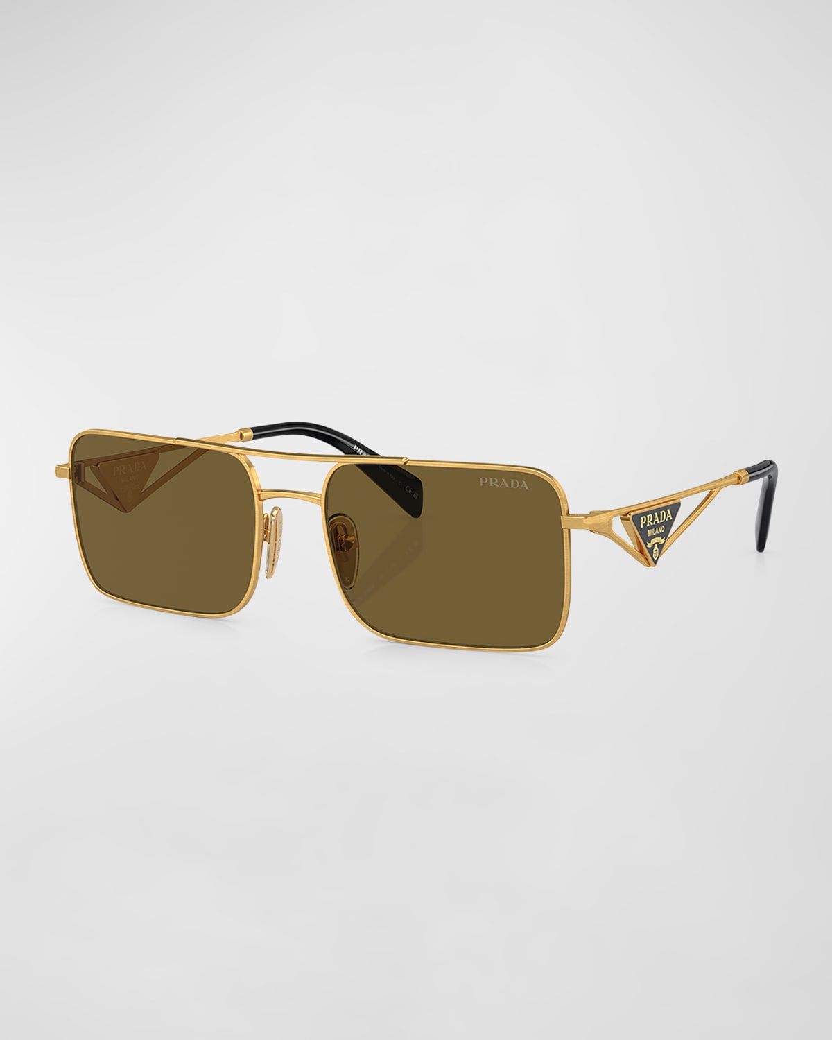 Shop Prada Men's Triangle Logo Metal Rectangle Sunglasses In Matte Gold
