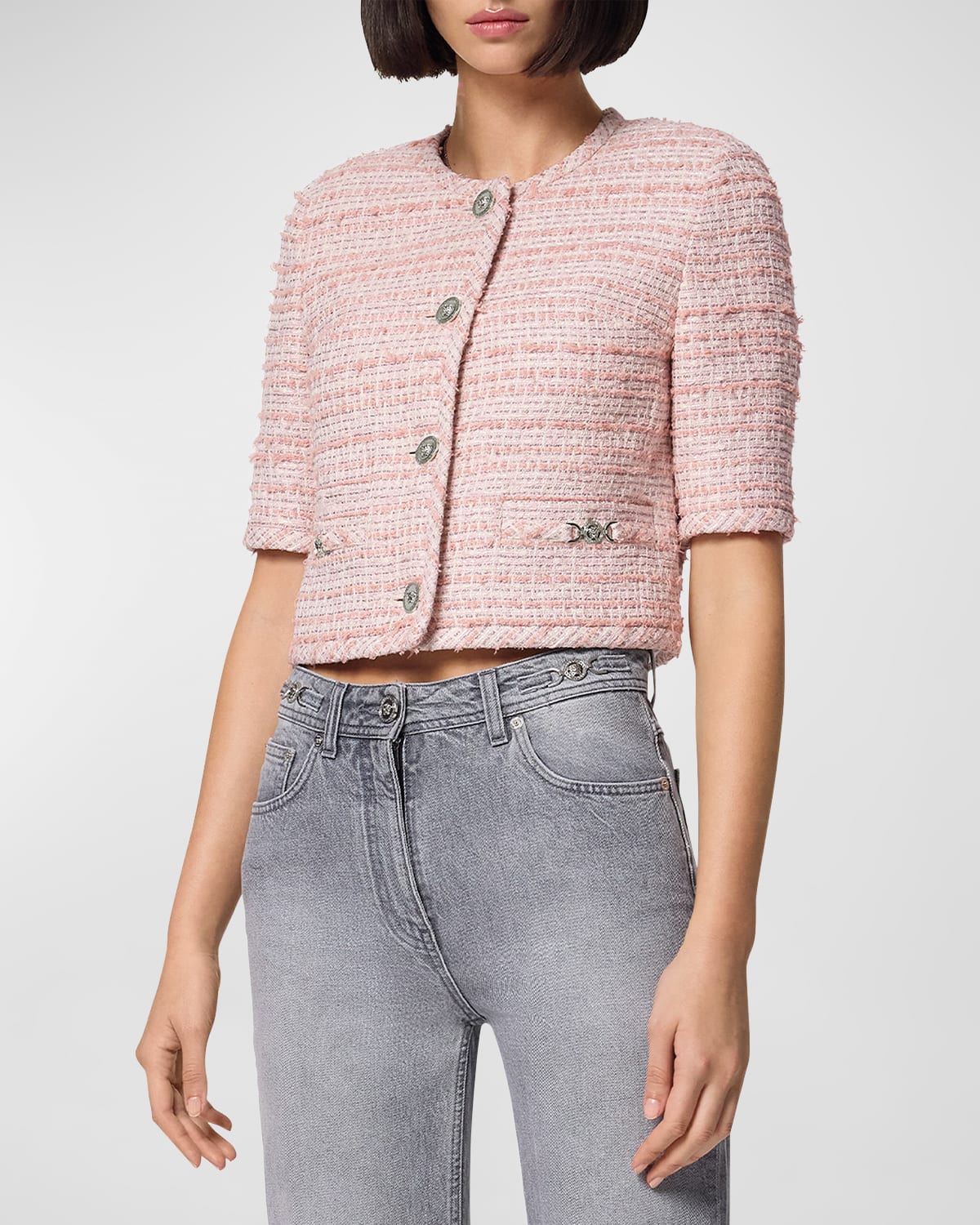 Shop Versace Short-sleeve Single-breasted Mix Tweed Informal Jacket In Dusty Rose Ivory