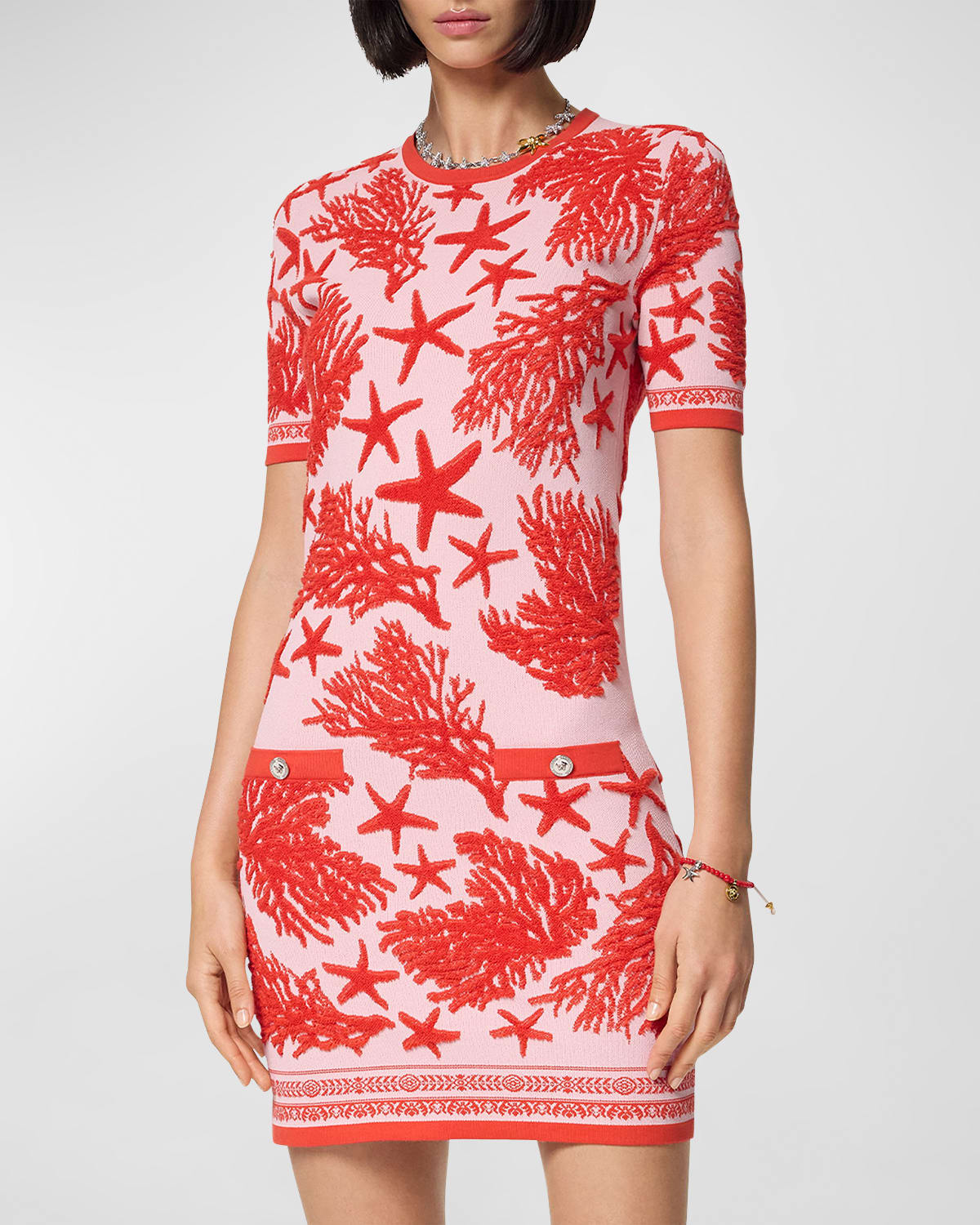 Shop Versace Tresor De La Mer Towel Stitch Jacquard Short-sleeve Mini Dress In Dusty Rose