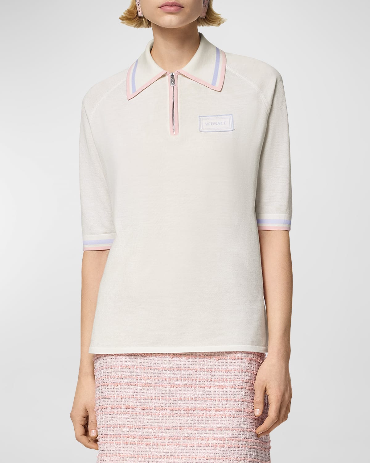Shop Versace College Knit Polo Sweater In Ivory