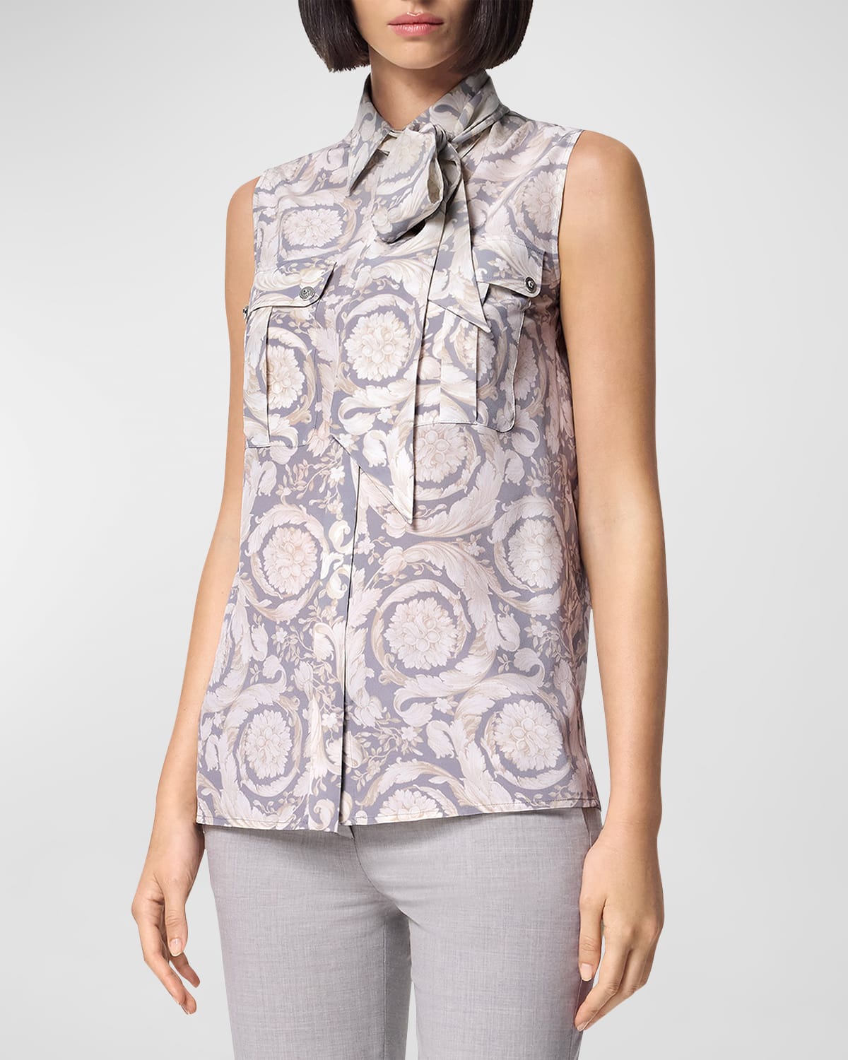 Shop Versace Baroque-print Neck-tie Sleeveless Crepe De Chine Informal Shirt In Concrete Bone