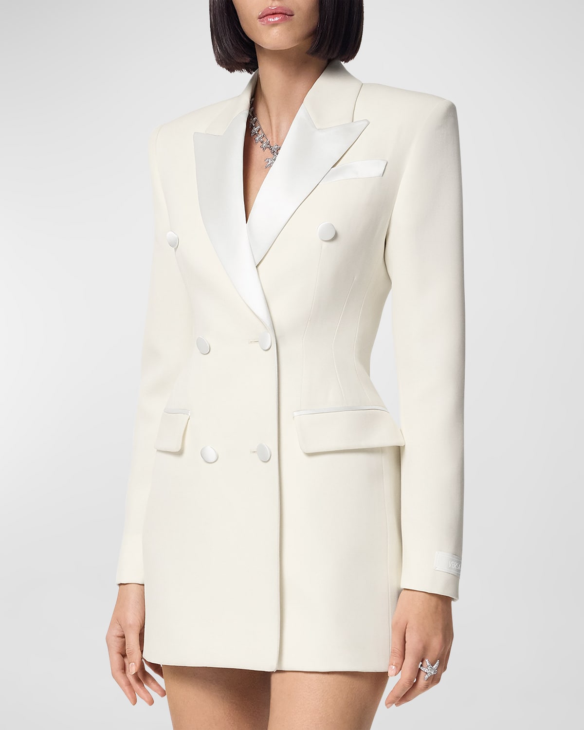 Versace Satin-contrast Double-breasted Grain De Poudre Evening Jacket In White