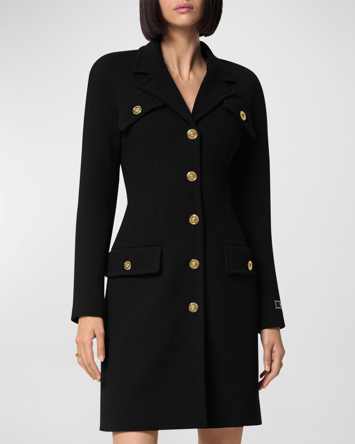 Versace Double Wool Crepe Stretch Single-breasted Coat In Black