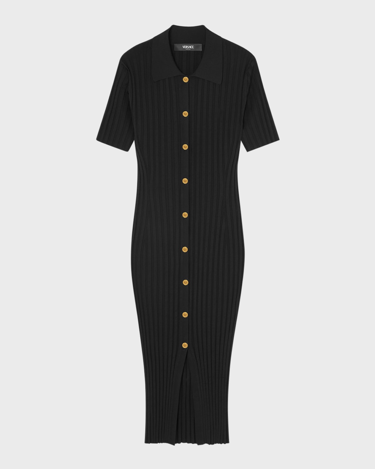 Versace Short-sleeve Flat-rib Knit Button-front Shirtdress In Black