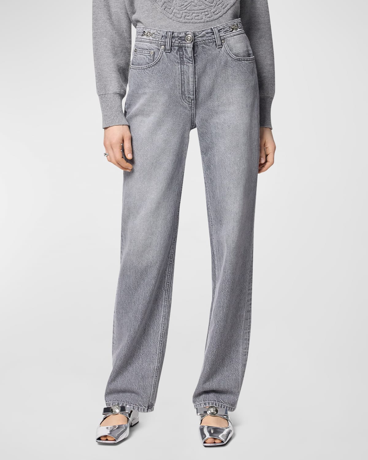 Shop Versace Mid-rise Straight-leg Stone Wash Raw-cut Denim Pants In Mid Grey