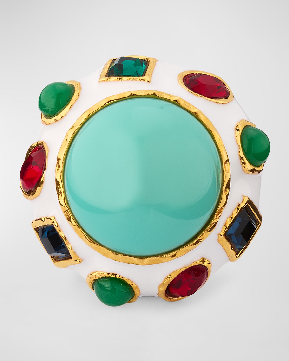 White Enamel, Multi Dark Gem and Turquoise Center Button Ring