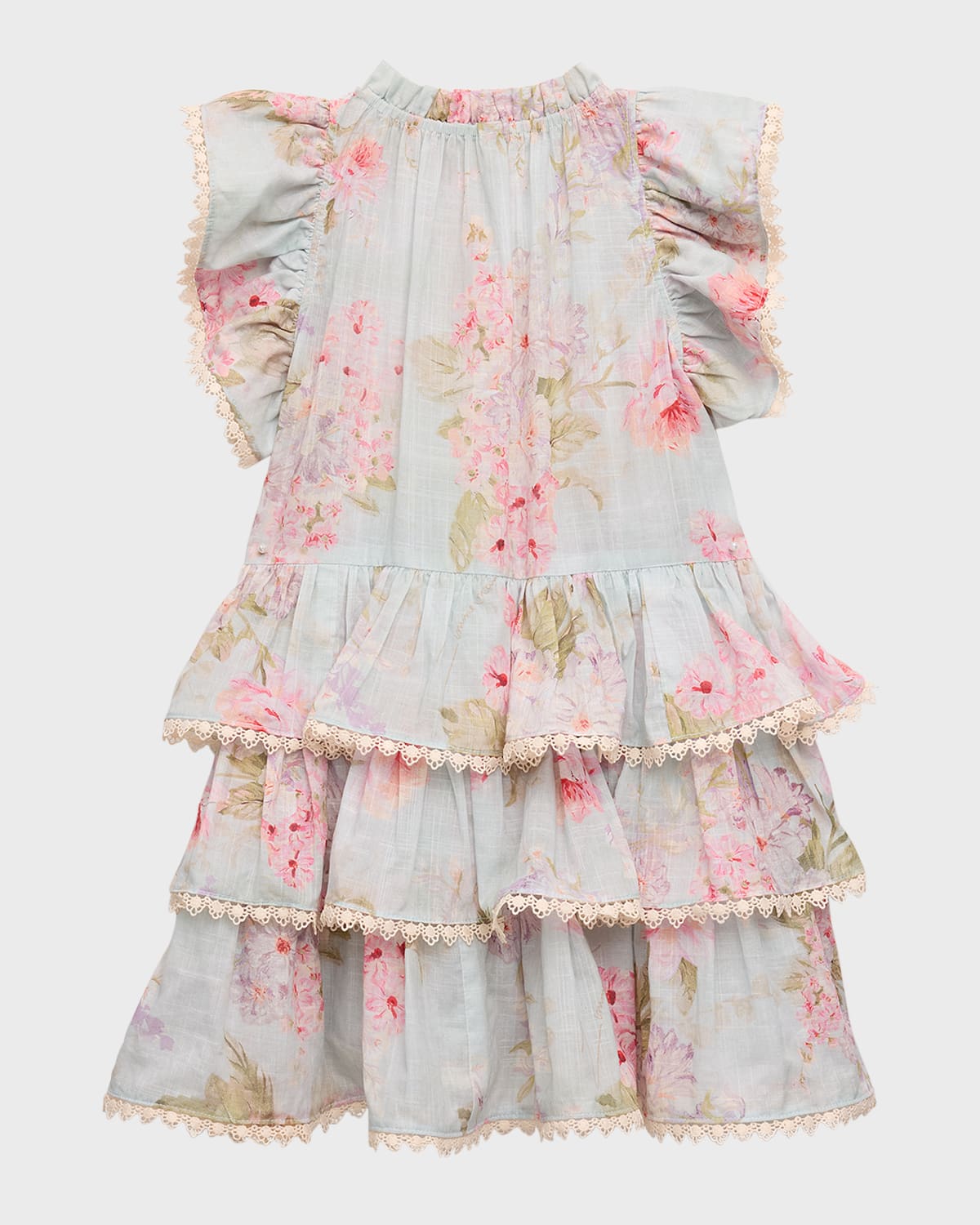 Shop Zimmermann Girl's Halliday Floral-print Tiered Dress In Blue Watercolour