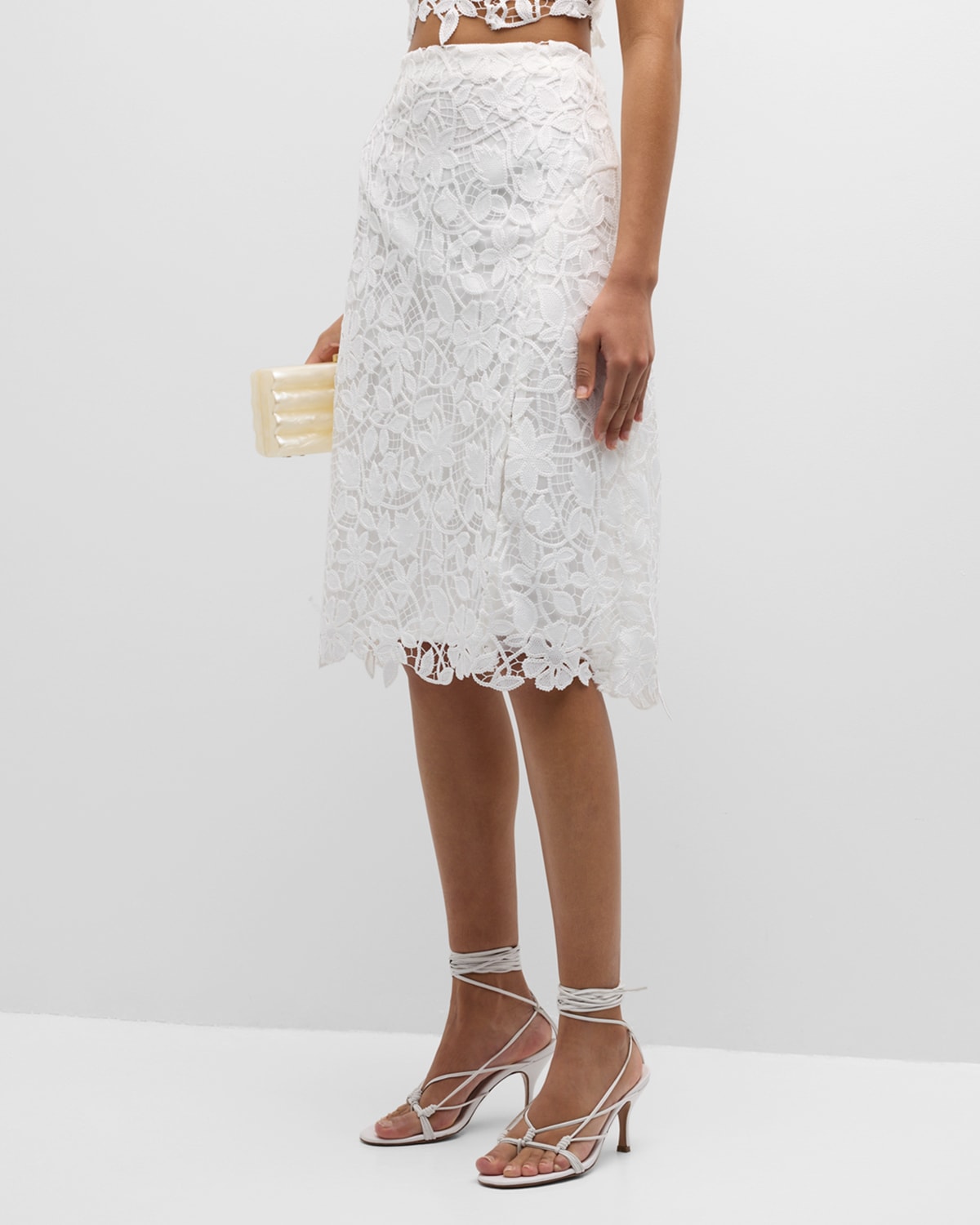 Milly Carreen Straight Floral Lace Midi Skirt In White