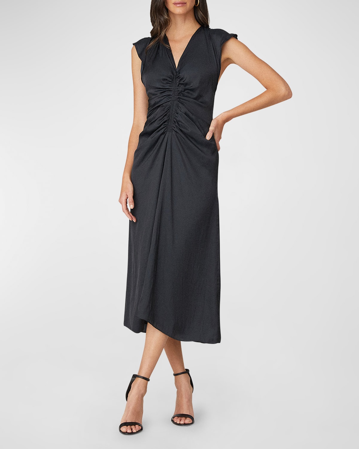 SHOSHANNA NOAH RUCHED CAP-SLEEVE MIDI DRESS 