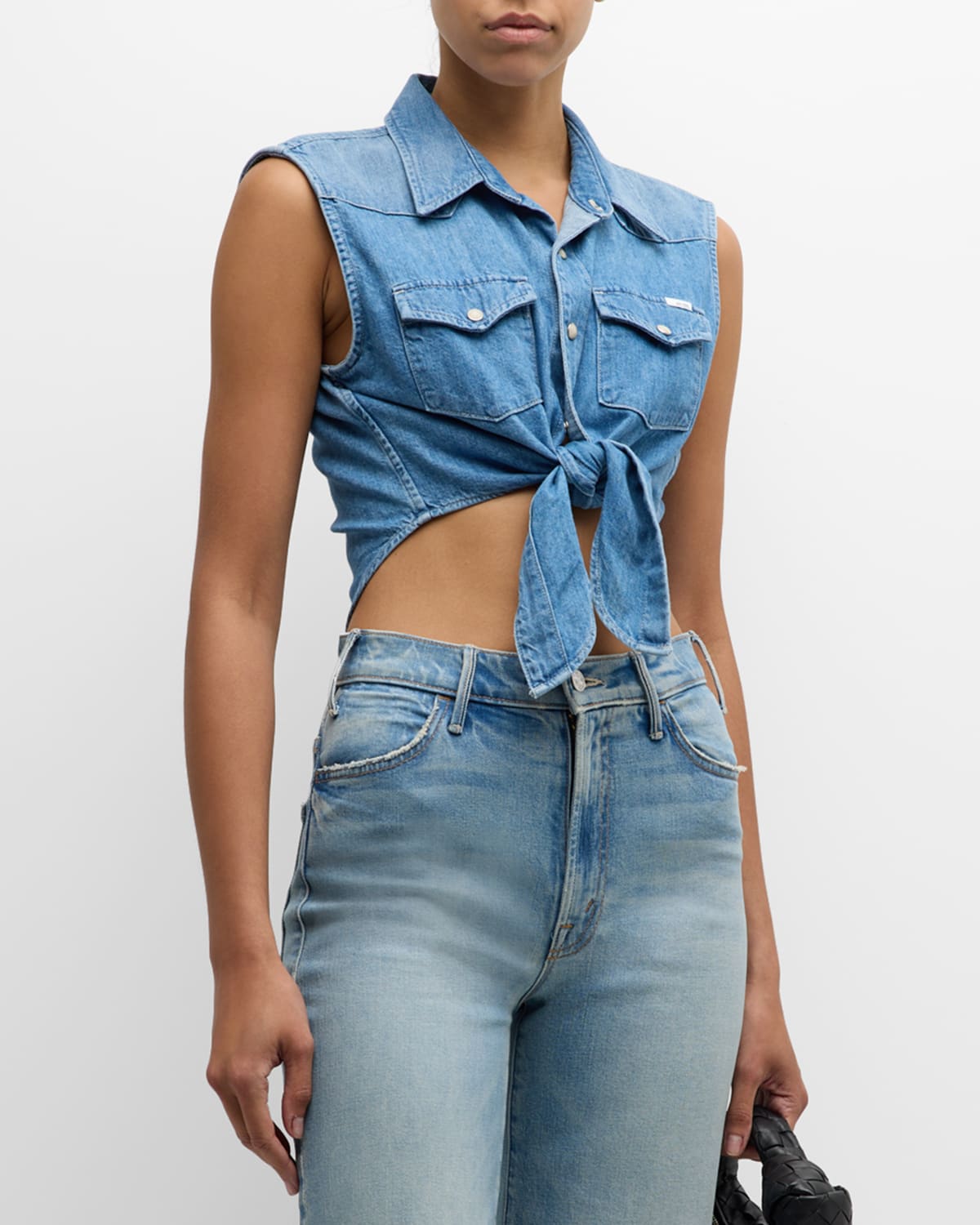 Shop Mother The Sleeveless Knotted Exes Denim Top In Maritime Masterpiece