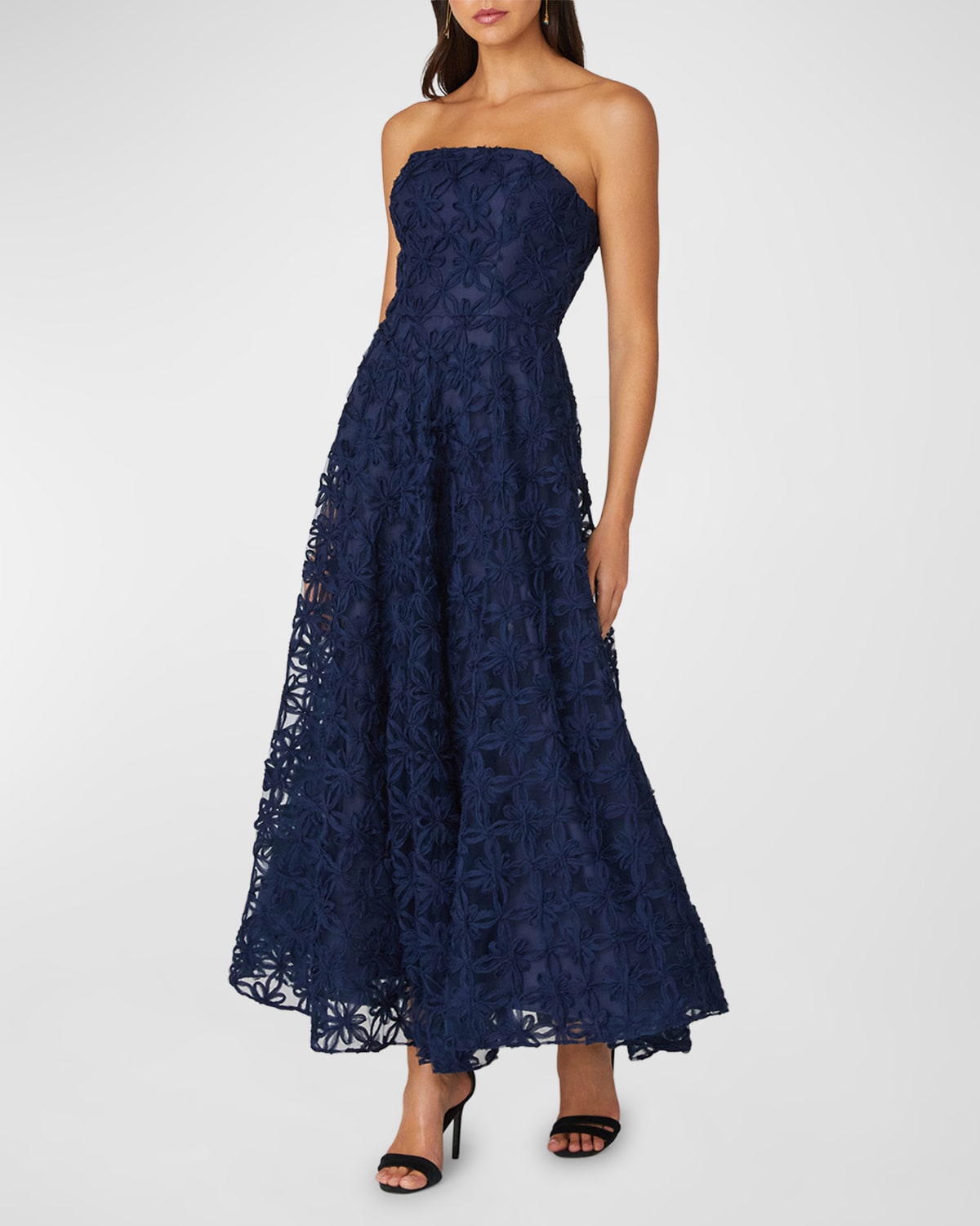 Shop Shoshanna Strapless Floral Applique Maxi Dress In Navy