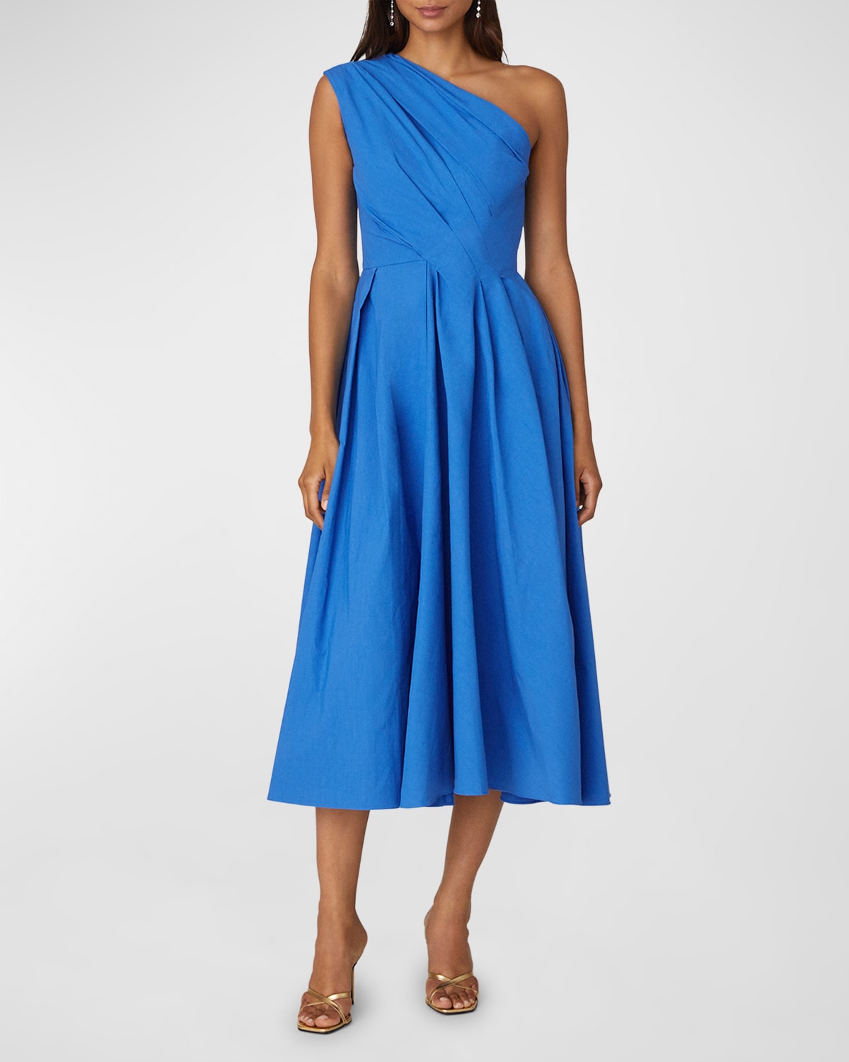 Shoshanna Pleated One-shoulder Faille Taffeta Midi Dress In Bright Blue