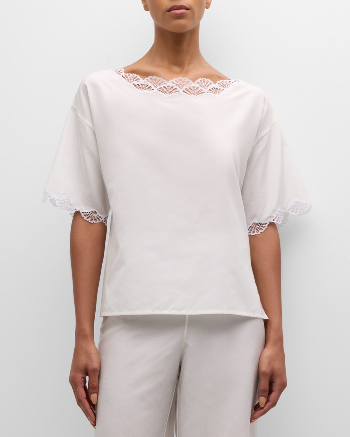 Shop Natori Colette Cropped Lace-trim Pajama Set In White
