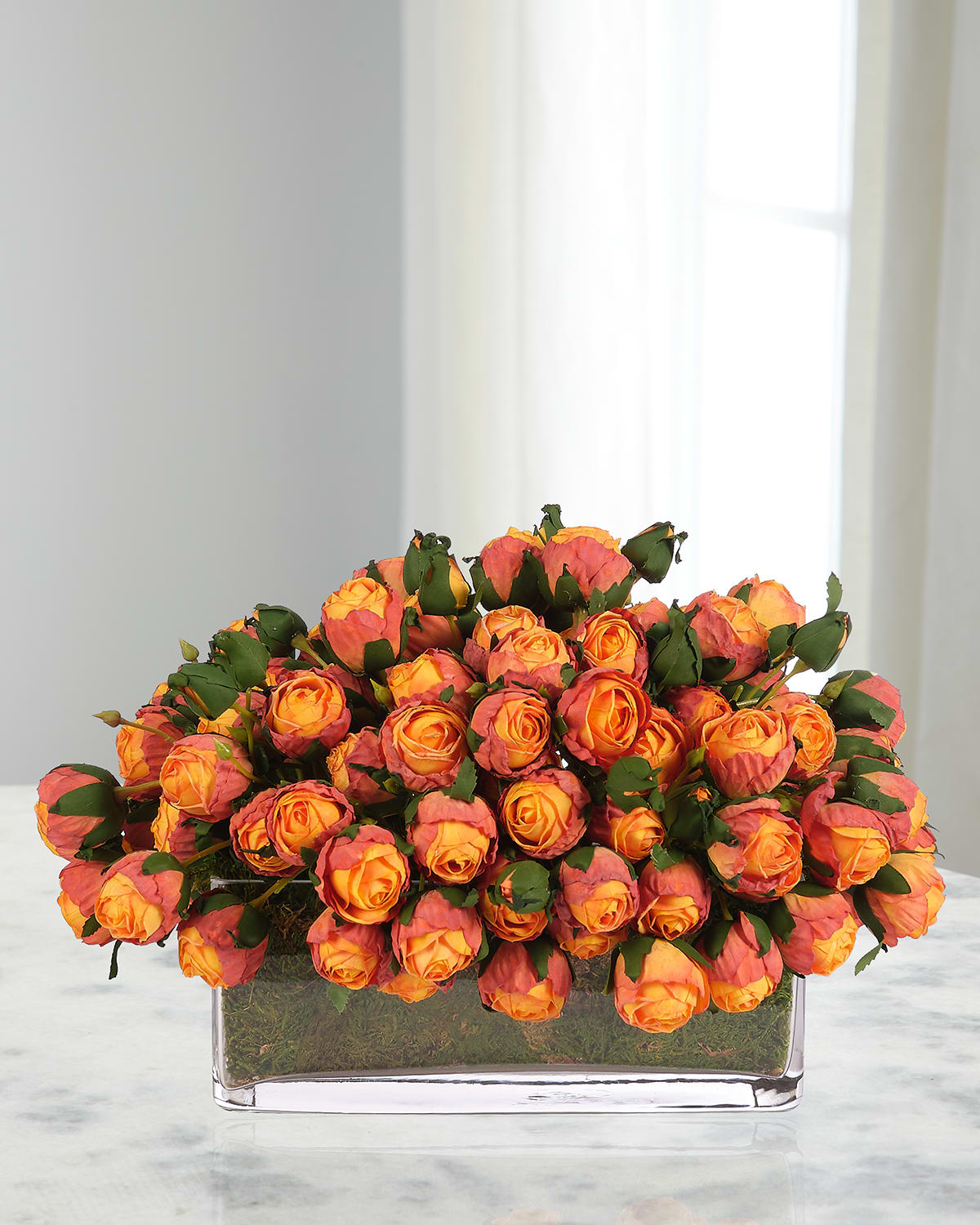 Shop Ndi Pink Roses With Moss Garden 14" Faux Floral Arrangement In Glass Rectangle In Orange