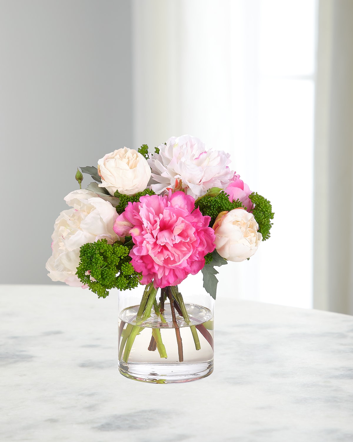 Shop Ndi Pink & Cream Peonies 12" Faux Floral Arrangement In Glass Vase