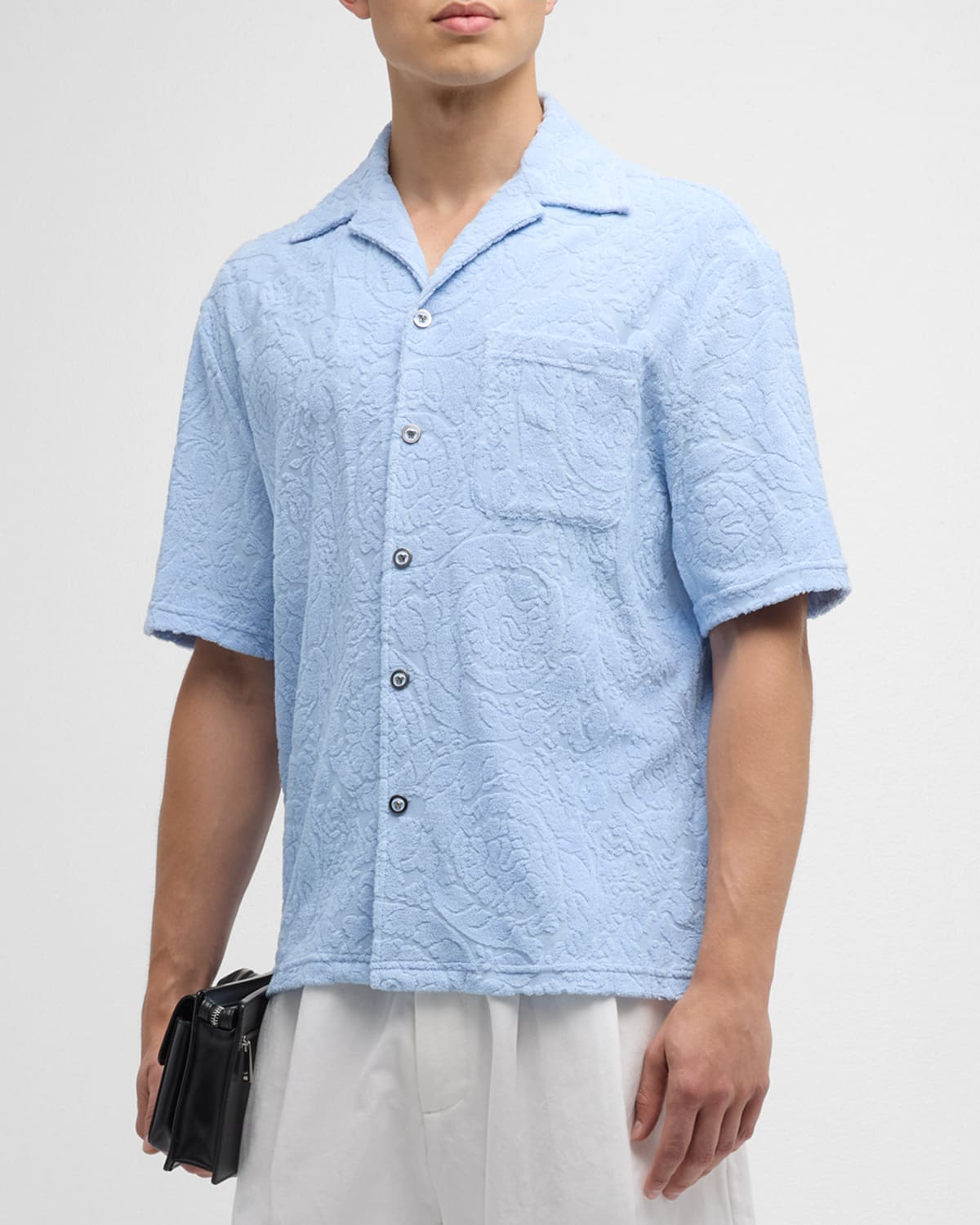 Shop Versace Men's Barocco Toweling Camp Shirt In Blue Hydrangea