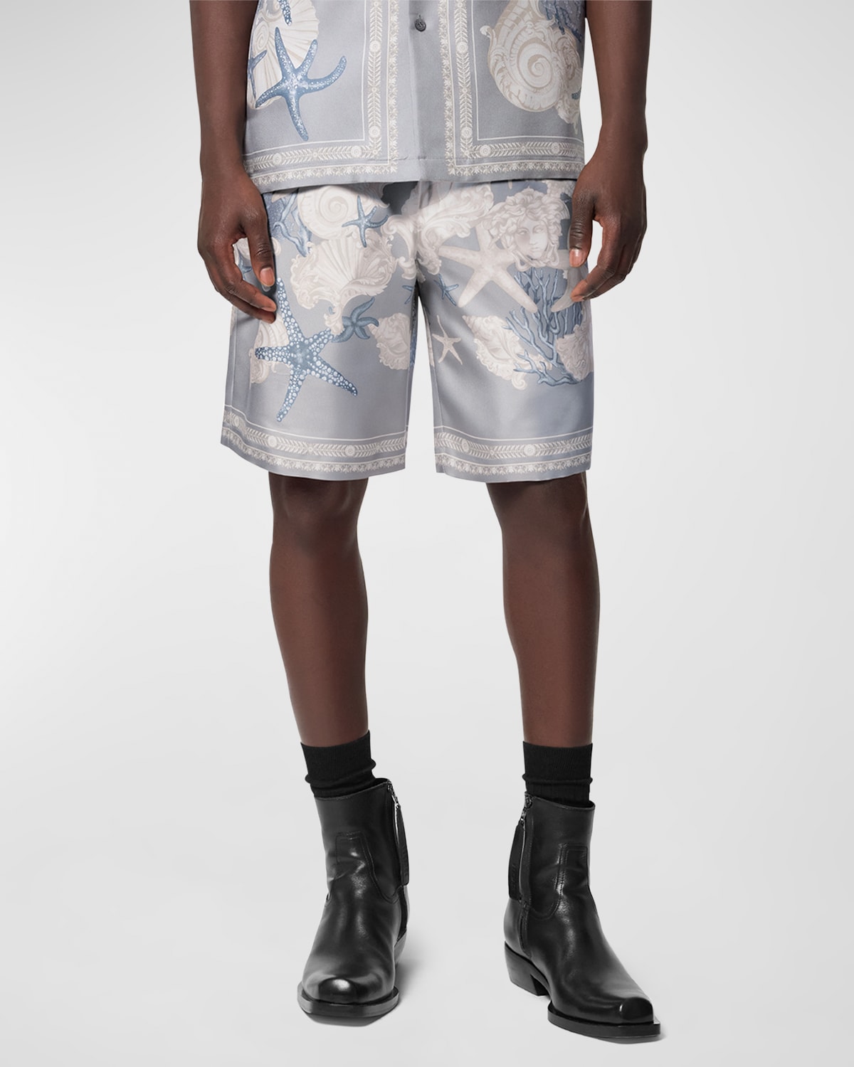 Shop Versace Men's Silk Holiday-print Shorts In Cocretedusty Blueb