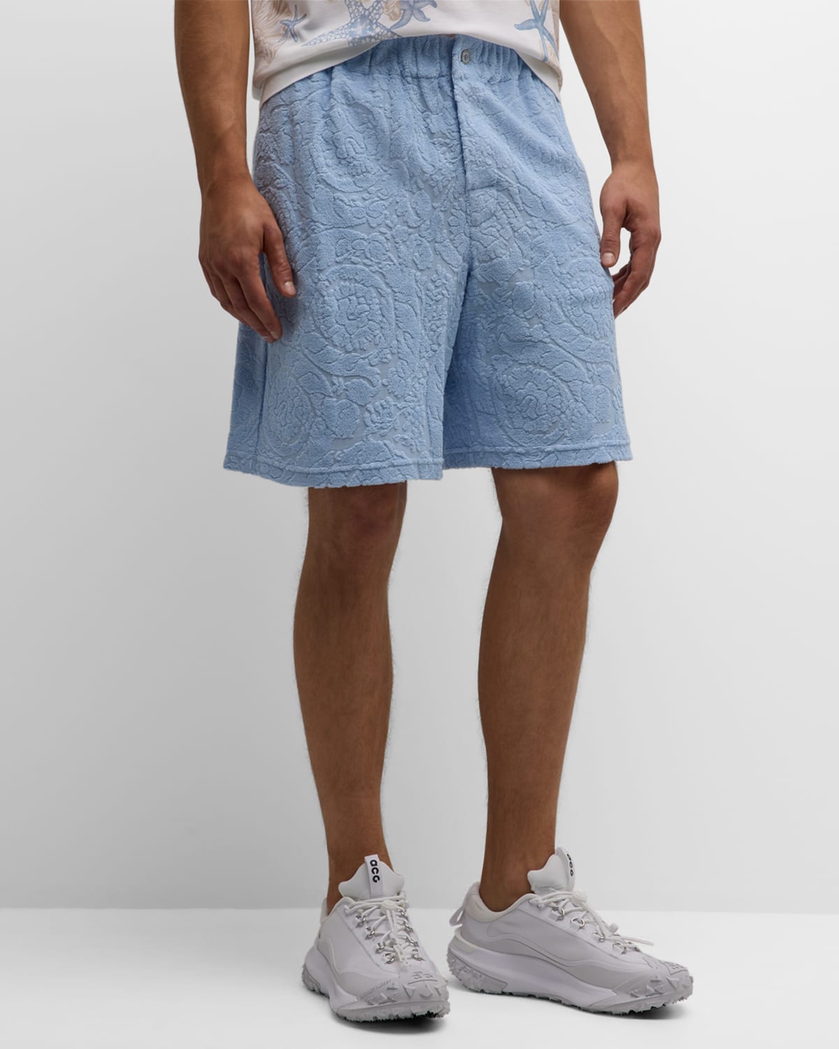 Shop Versace Men's Barocco Towel Stitch Shorts In Blue Hydrangea