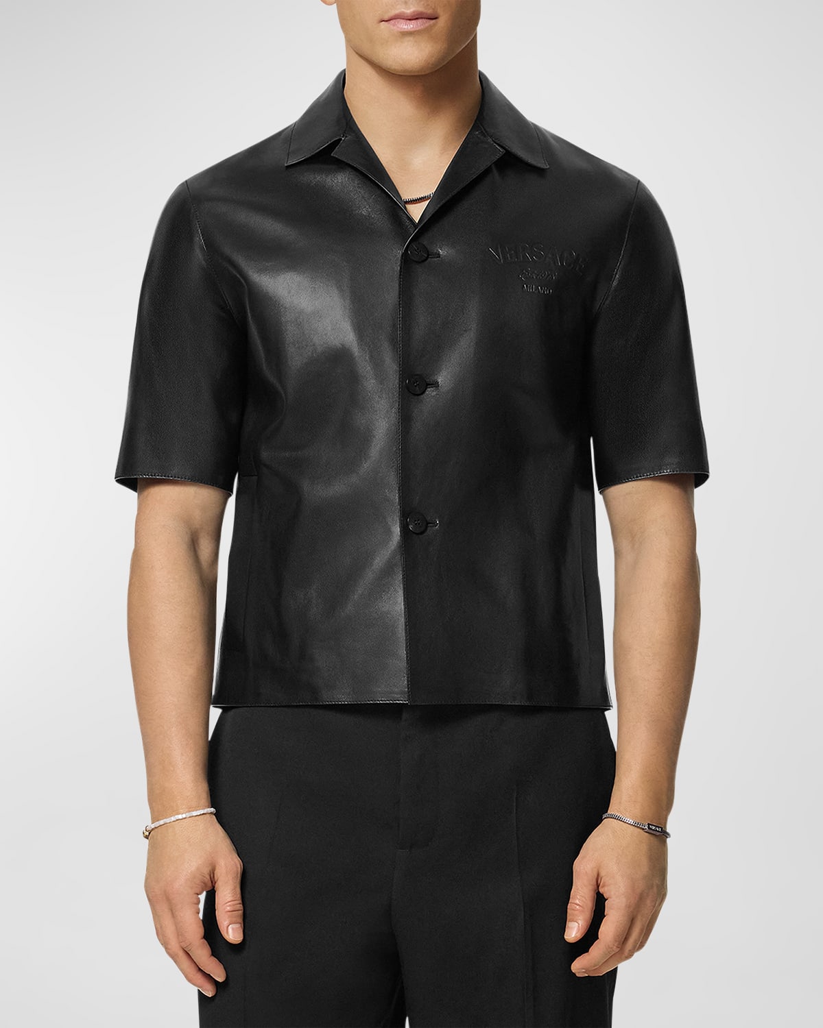 Shop Versace Men's Smooth Leather Camp Shirt In Black