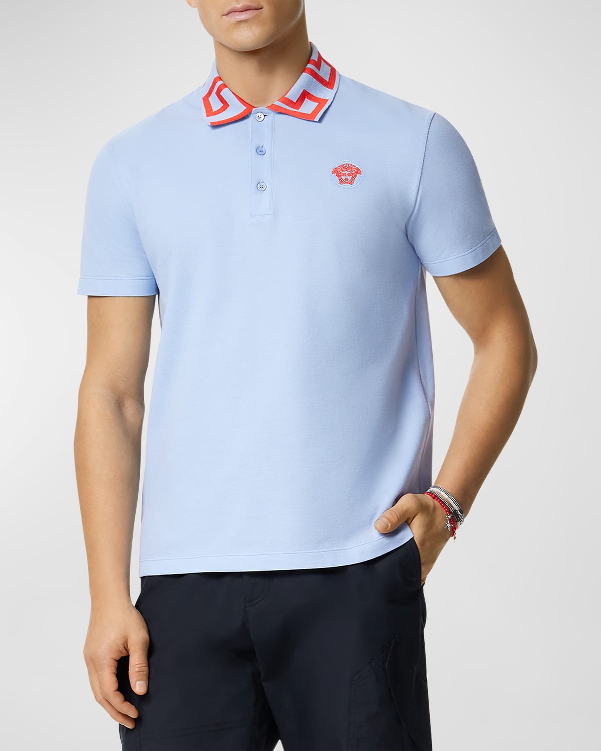 Shop Versace Men's Polo Shirt With Greca Collar In Blue Hydrangeacoral
