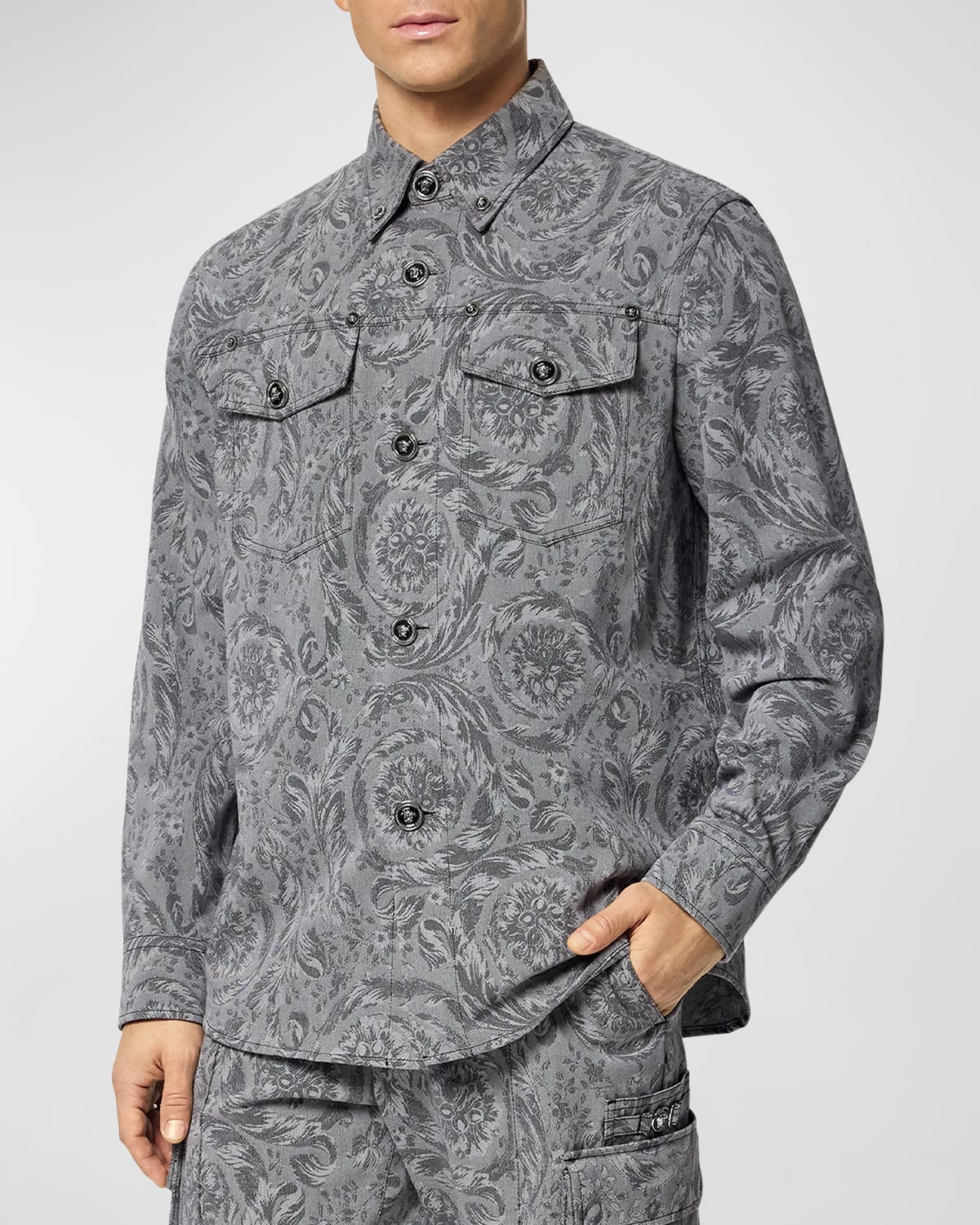 Versace Men's Barocco Jacquard Button-down Shirt In Gray