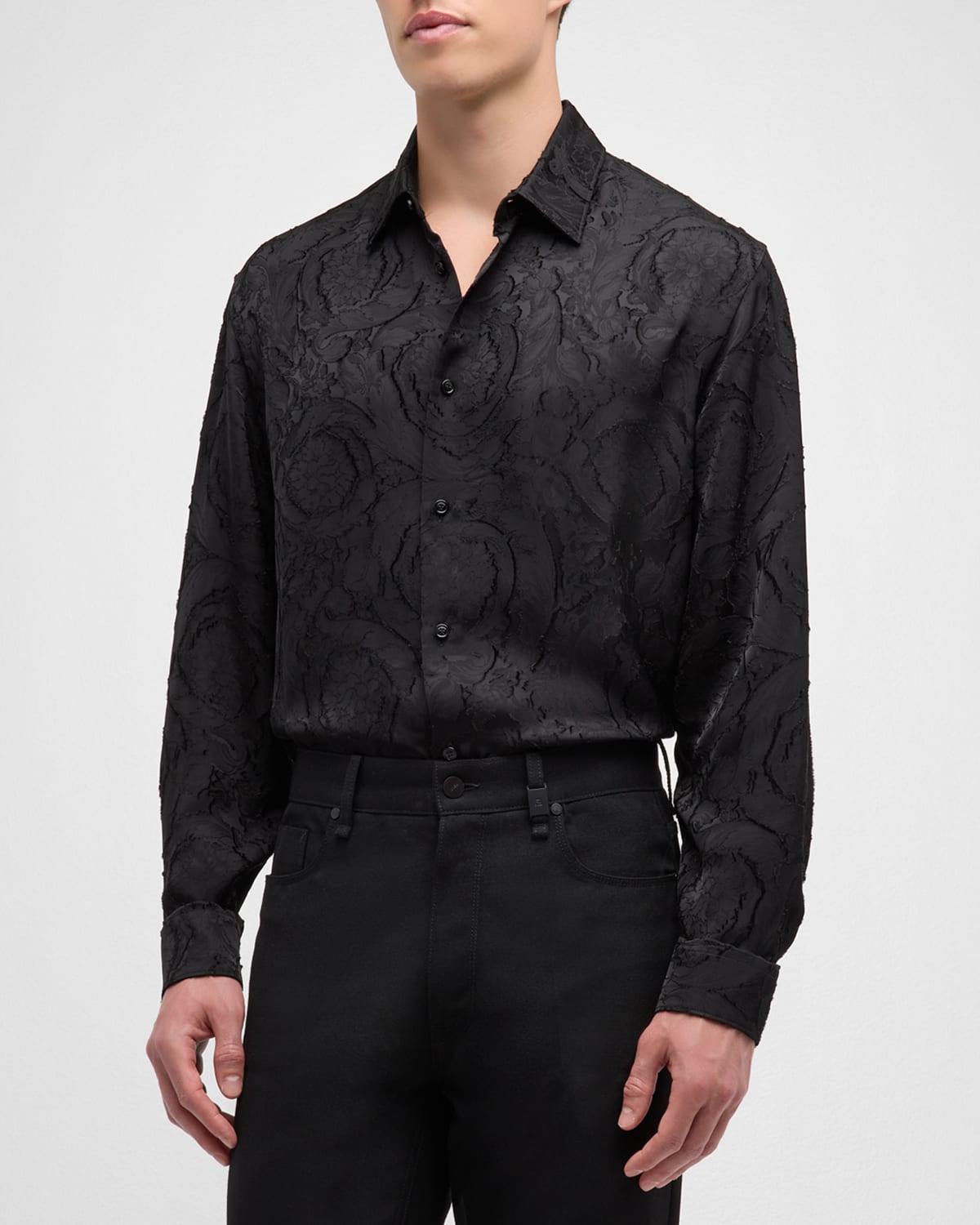 Versace Men's Tonal Barocco Sport Shirt In Black