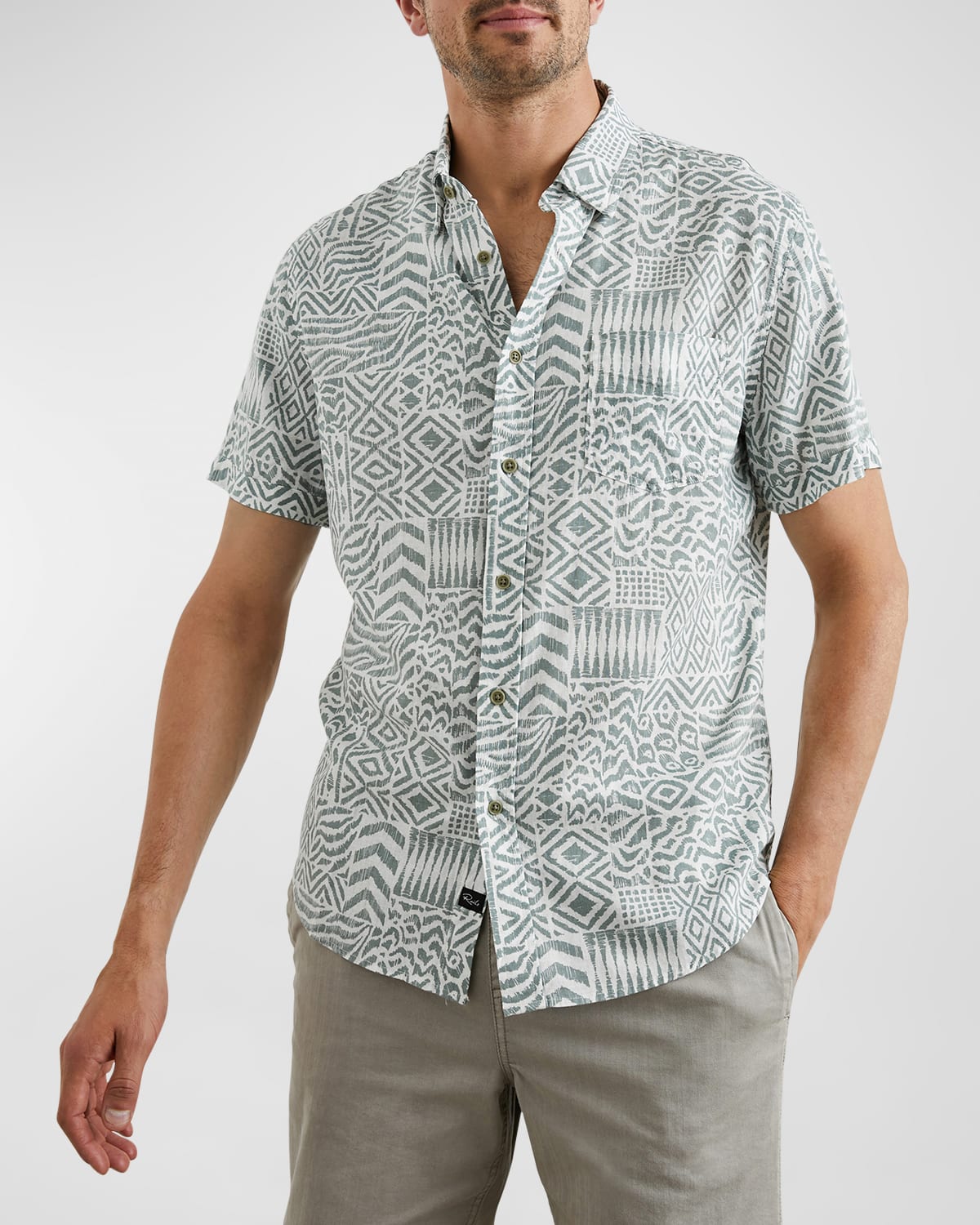 Rails Carson Block Print Short Sleeve Linen Blend Button-up Shirt In Bambu Block Kalamata
