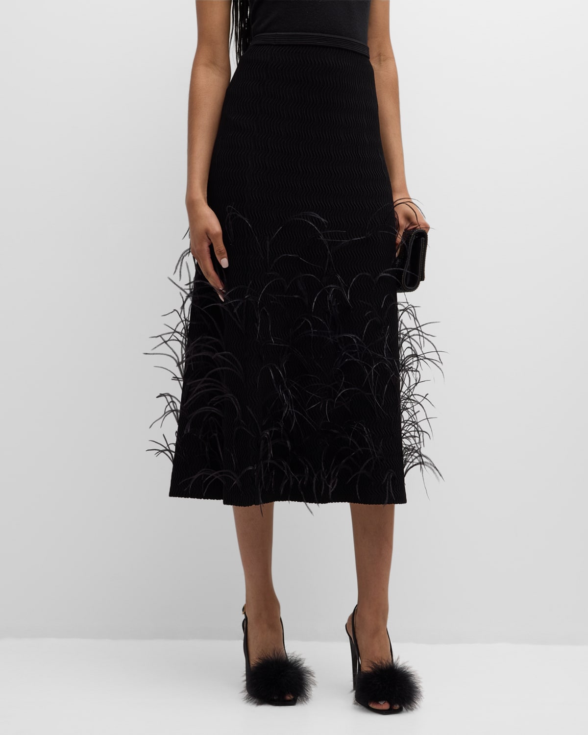 Lapointe Feather-embellished Wavy Matte Crepe Midi Skirt In Black