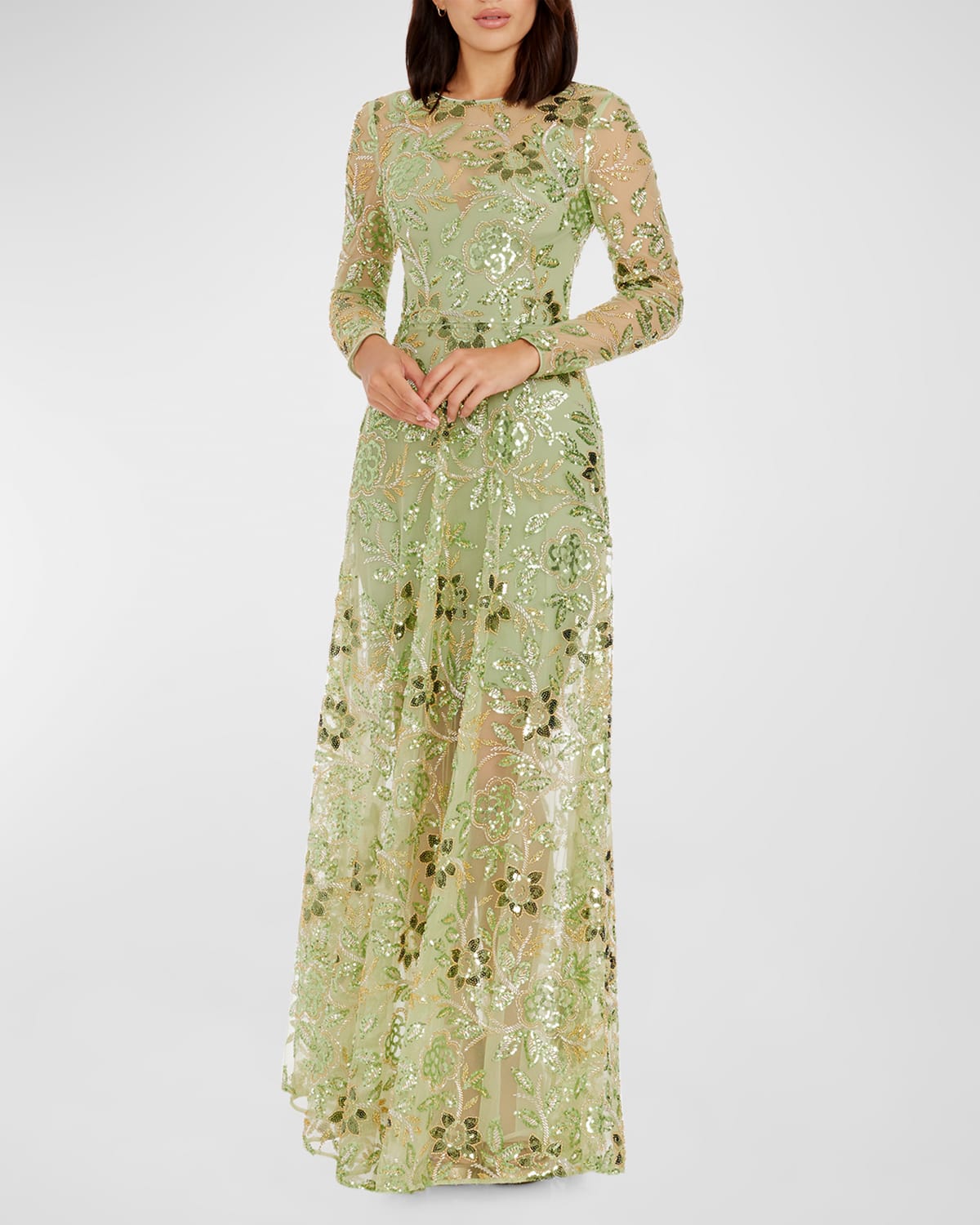 Ava Sequin & Bead Floral-Embroidered Gown