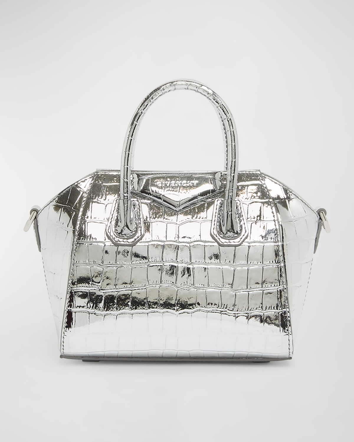 Givenchy Antigona Toy Top-handle Bag In Metallic Croc-embossed Leather In Light Silver