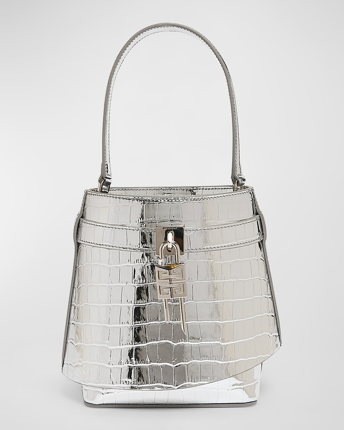 Shark Lock Bucket Bag in Metallic Croc-Embossed Leather