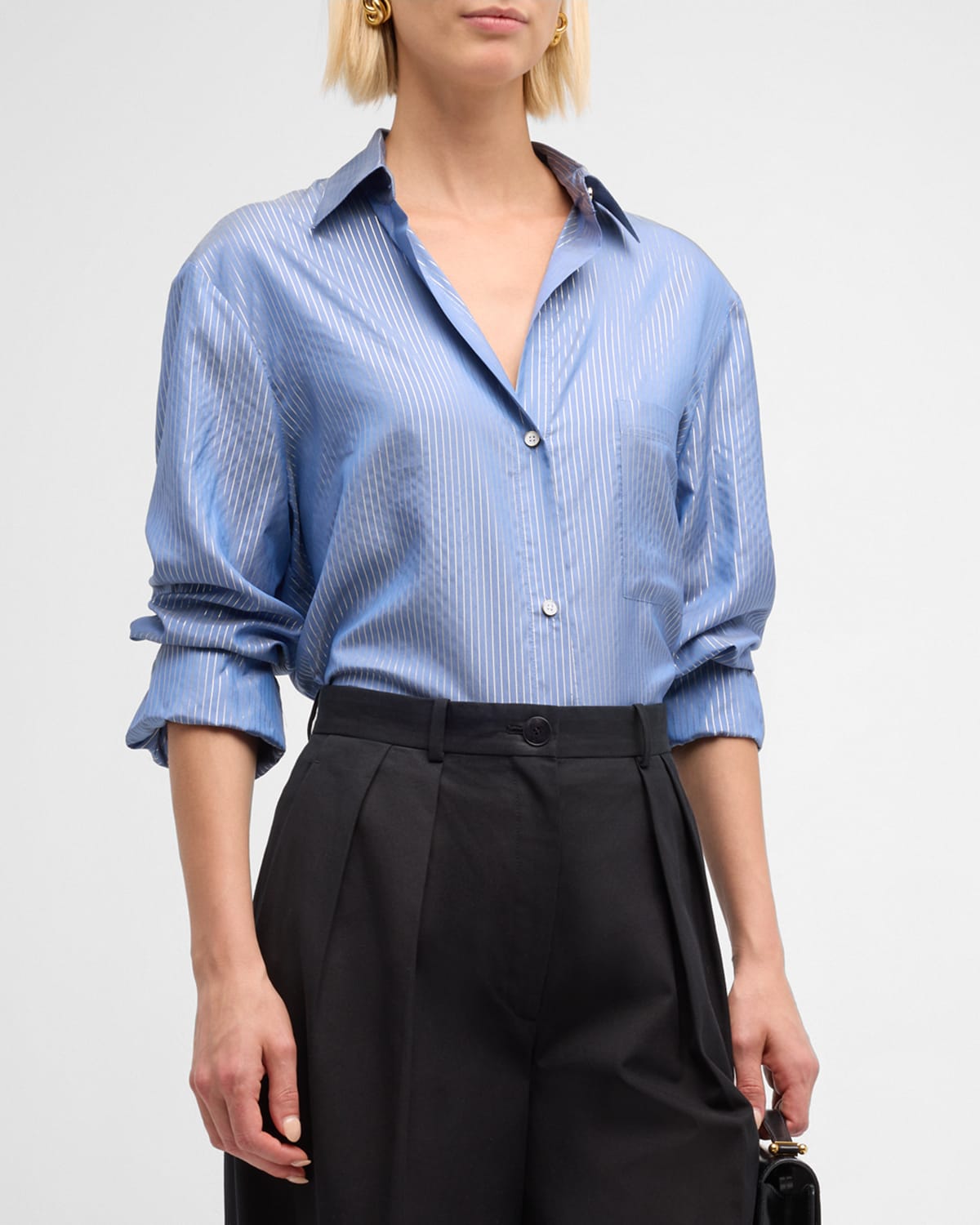 Twp The New Morning After Silk Stripe Button-front Shirt In Blue