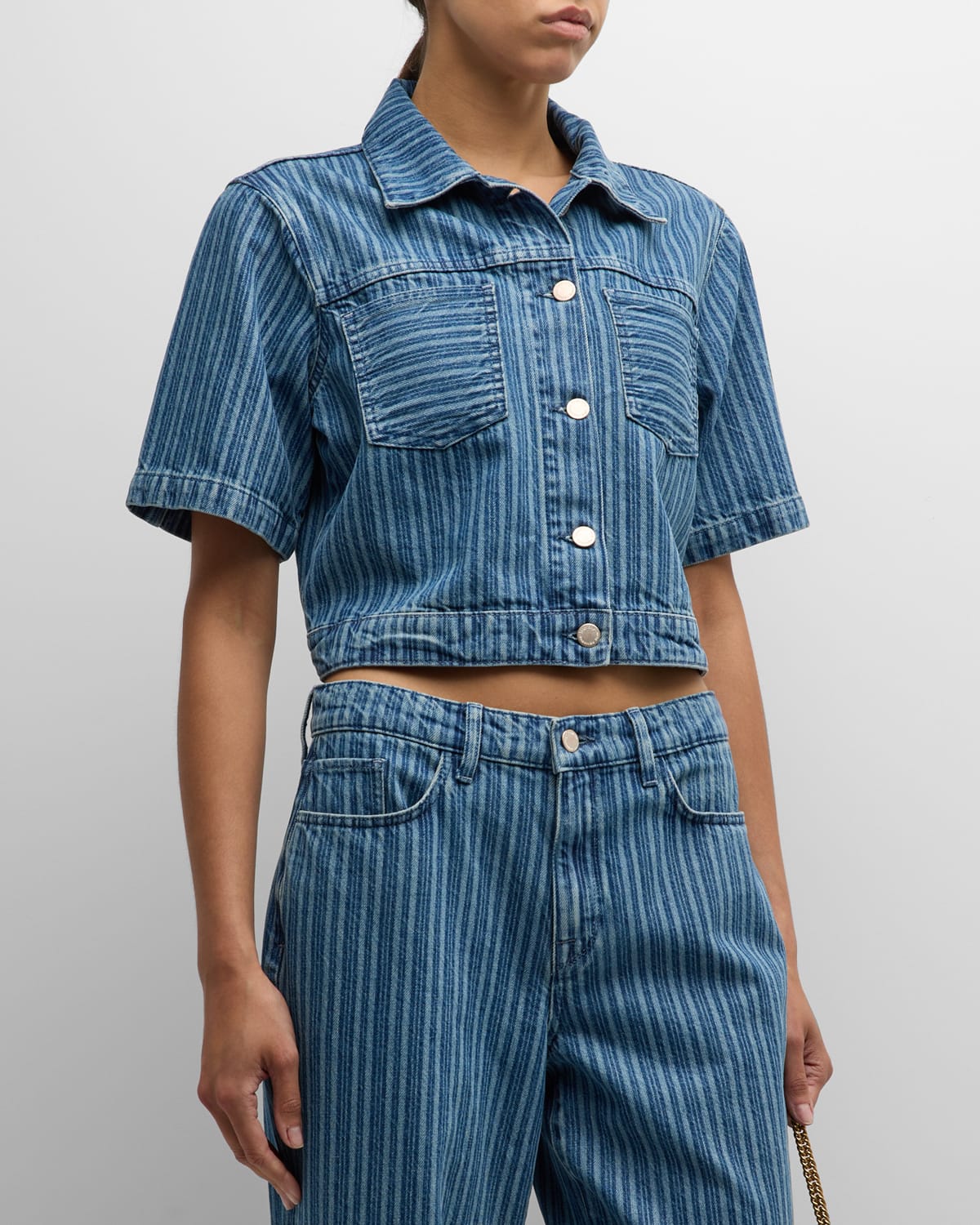 Shop Triarchy Phoebe Short-sleeve Denim Jacket In Striped Medium Indigo
