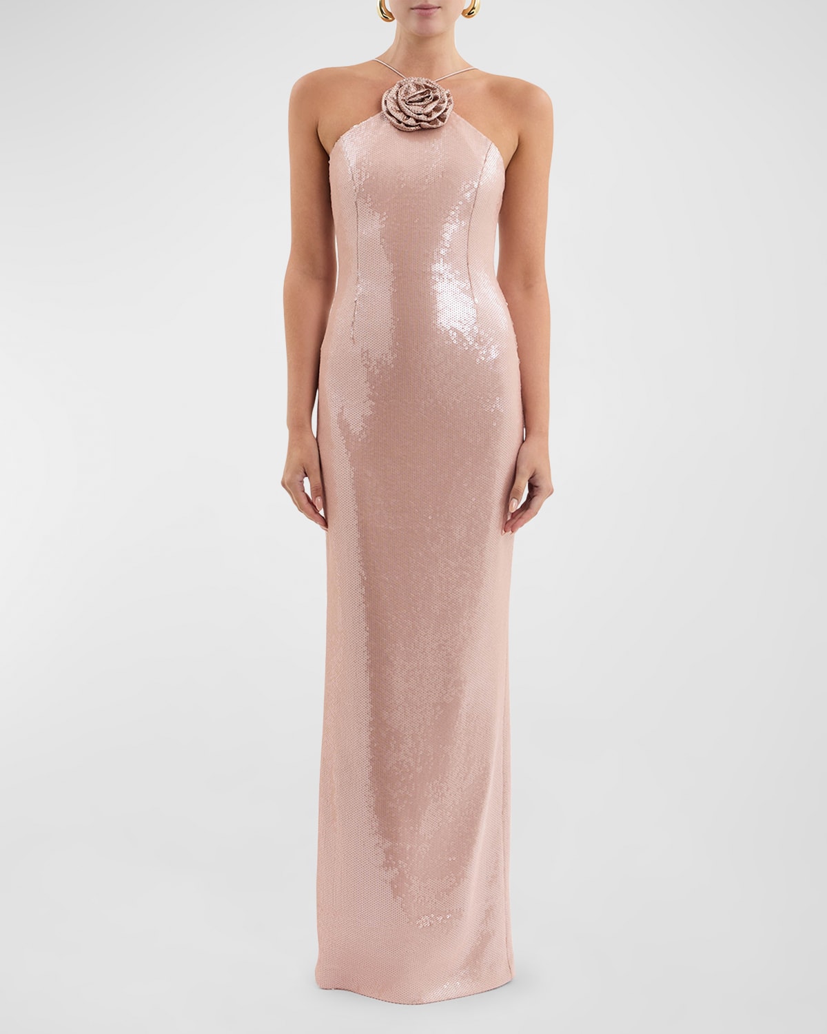 Rebecca Vallance Paige Flower-embellished Sequin Column Gown In Champagne