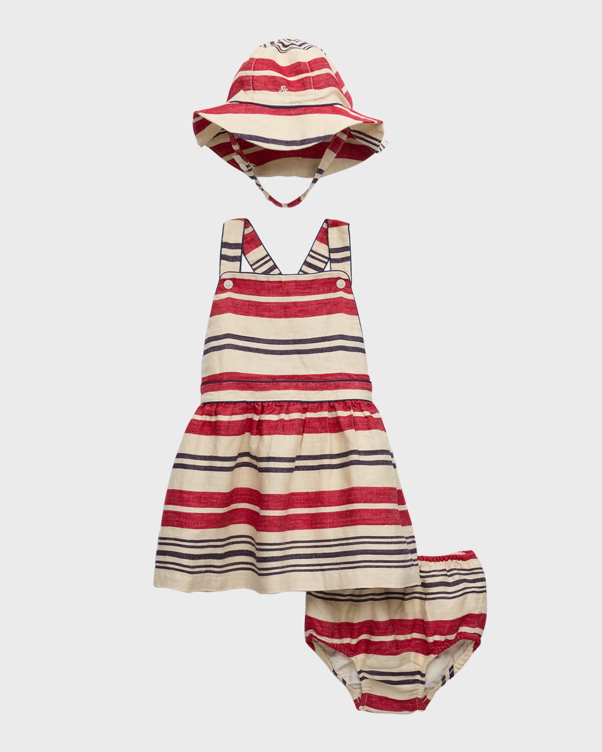 Ralph Lauren Kids' Girl's Striped Linen Dress, Hat And Bloomers Set In Ralph Red Multi