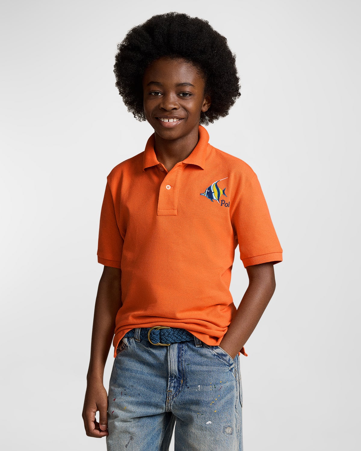 Shop Ralph Lauren Boy's Mesh Polo Shirt W/ Embroidered Angel Fish In Summer Coral