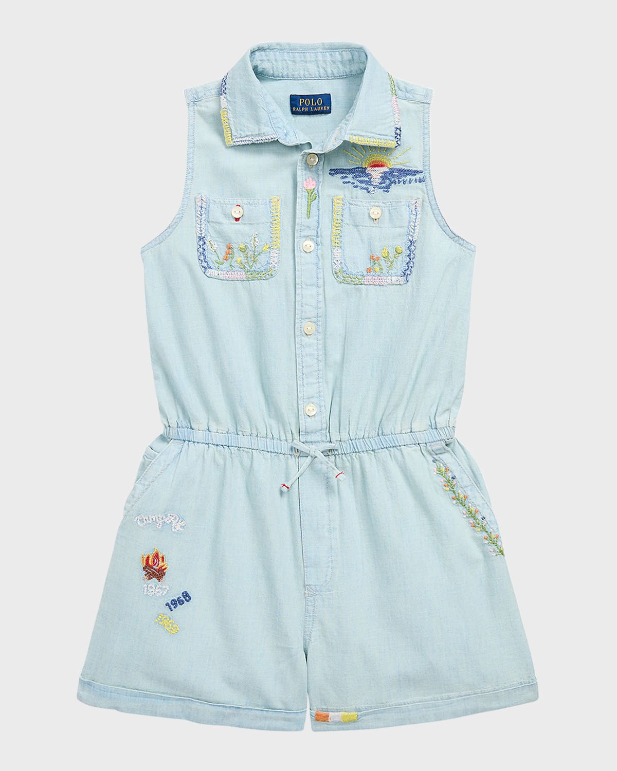 Shop Ralph Lauren Girl's Chambray Embroidered Romper In Light Summer Wash