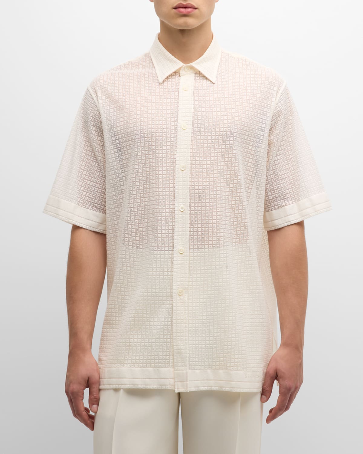 Shop Givenchy Men's Monogram Lace Button-down Shirt In Natural