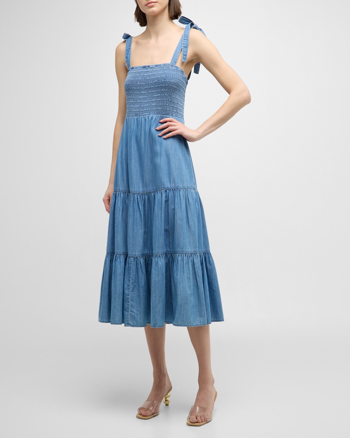 Shop Veronica Beard Tola Tiered Denim Midi Dress In Iceberg